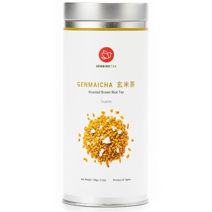 Senbird Organic Genmaicha, Caffeine-Free Japanese Mochi Rice Tea from Hokkaido Japan, Herbal Tea in Airtight Tin, 100g (3.5oz)