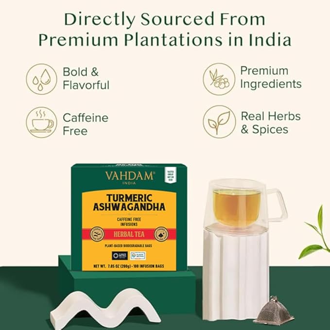 VAHDAM, Turmeric Ashwagandha Herbal Tea Bags (100 Count) Caffeine Free, Non GMO, Gluten Free | 100% Pure Herbal Blend - Sweet & Earthy | Whole Leaf Tea Bags | Resealable Ziplock Pouch