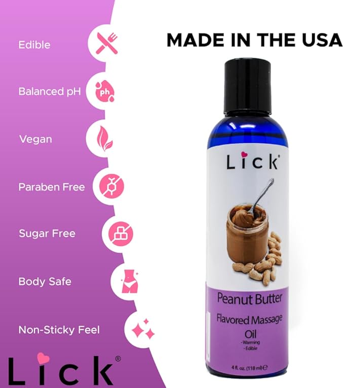 Lick Peanut Butter Flavored Massage Oil with Vitamin E, Coconut, Sweet Almond Oil for Lovemaking, Date Night, Nuru Yoni Massage Therapy, Safe & Edible 4 oz