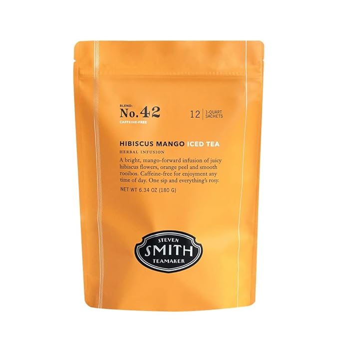 Smith Teamaker Hibiscus Mango Iced Tea No. 42, Refreshing, Caffeine-Free, Sustainably Grown, Full Leaf Herbal Iced Tea, 10 Count, 1 Quart Sachets