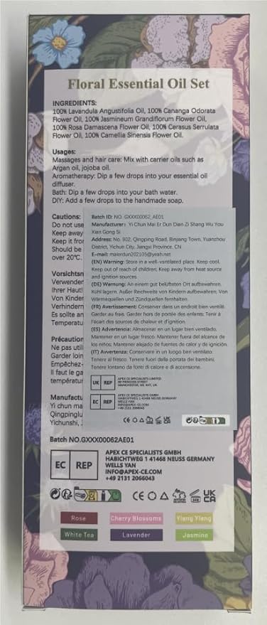 Floral Essential Oils Set - 6x10ML Fragrance Oil for Diffusers, Massage, Aromatherapy, Candle Making - Lavender, Rose, White Tea, Jasmine, Ylang-Ylang, Cherry Blossom Scented Oil