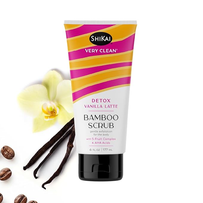 ShiKai Very Clean Bamboo Body Scrub (Detox Vanilla Latte, 6 oz) | Gentle Hydrating & Exfoliating Skin Cleanser | With 5 Fruit Complex & AHA Acids