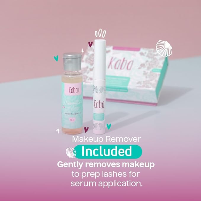 Kaba Eyelash Growth Serum for Longer, Thicker & Stronger Eyelashes with Essential Oils. Dermatologist Tested. Includes Makeup Remover Oil - Improved Formula