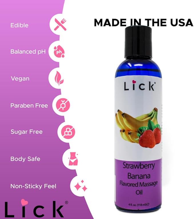 Lick Strawberries and Bananas Duo Massage Oil – Fruity, Edible, Lightweight, Body Safe, 4 oz