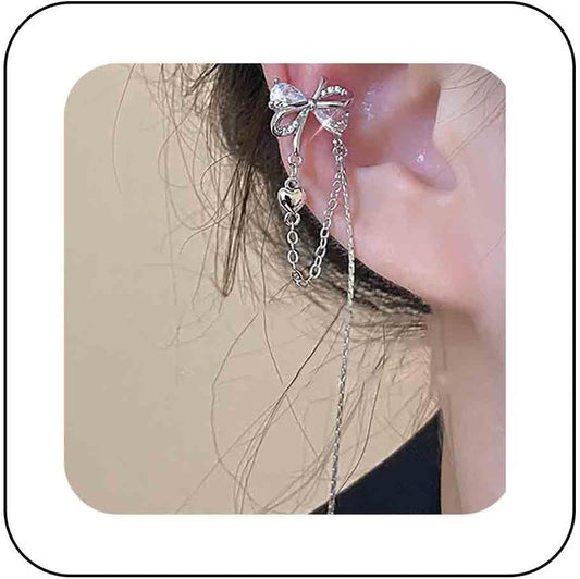 Vintage Crystal Bow Ear Cuff Earrings Rhinestone Bow Cuff Earrings Silver Long Chain Tassel Earrings Cz Chain Dangle Earrings Jewelry for Women