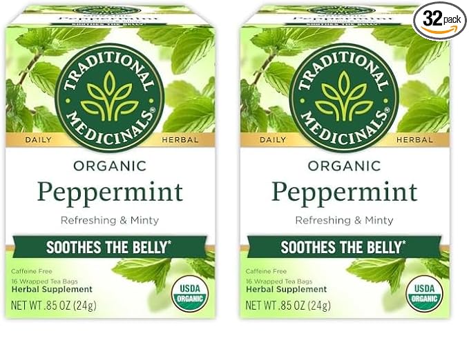 Traditional Medicinals Tea, Organic Peppermint, Soothes Your Belly, Refreshing & Minty, 16 Tea Bags (Pack of 2)