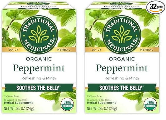 Traditional Medicinals Tea, Organic Peppermint, Soothes Your Belly, Refreshing & Minty, 16 Tea Bags (Pack of 2)
