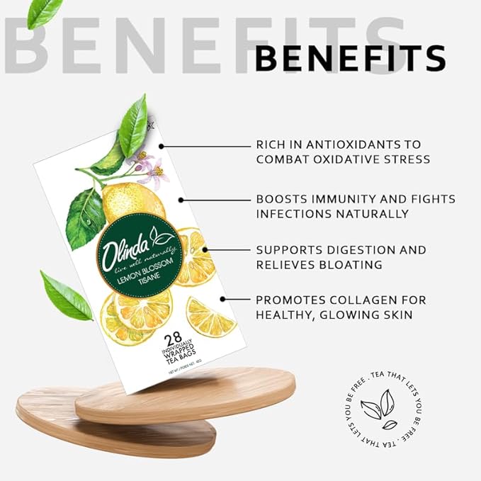 Olinda Herbal Tea Lemon Blossom Tisane Caffeine Free Organic Lemon Tea with Hibiscus Rosehips Orange Peel Lemongrass Natural Tea Bags For Women 28 Tea Bags