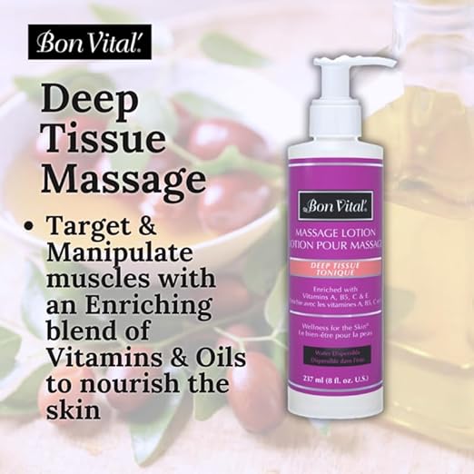 Bon Vital' Deep Tissue Massage Lotion for Deep Tissue Massages and Muscle Relaxation, Moisturizer Leaves No Greasy Feeling, Penetrates Deeply to Repair and Soften Skin, 8 Oz, Label May Vary