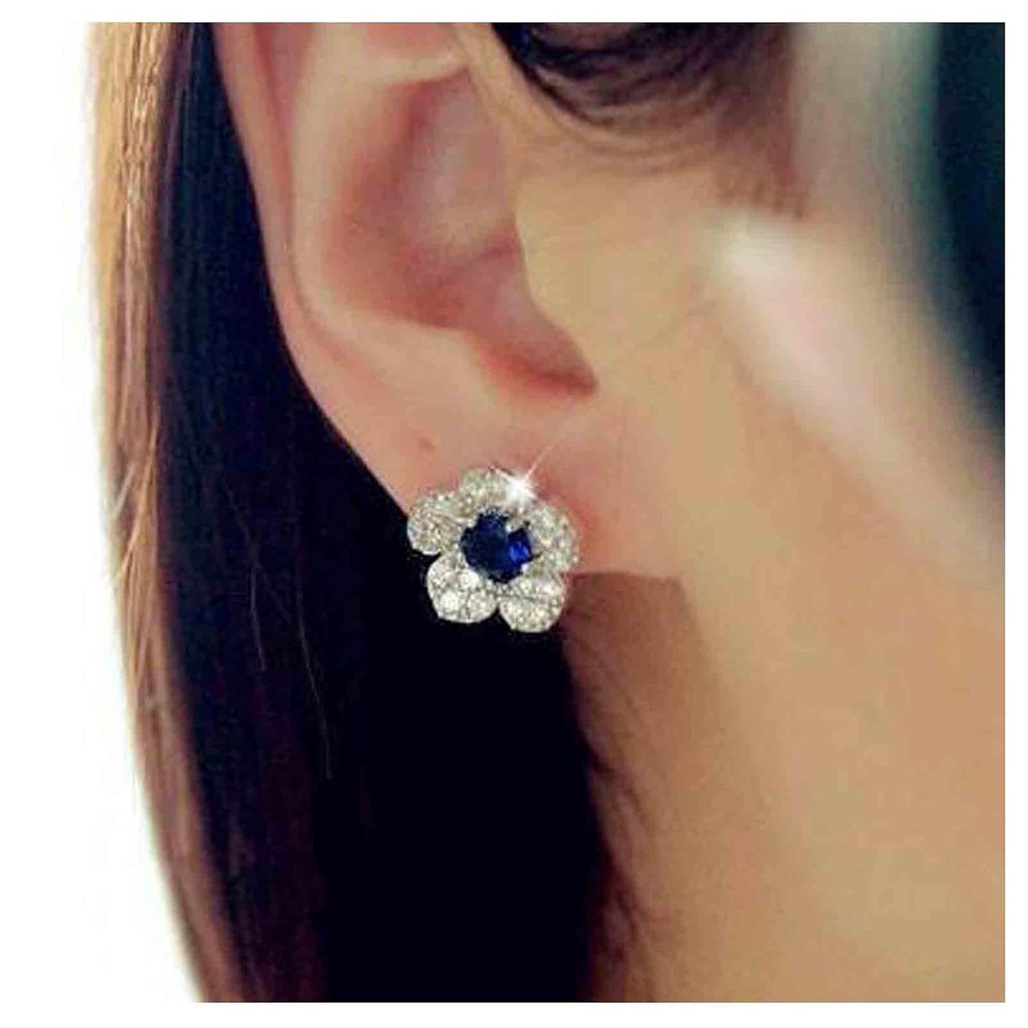 Boho CZ Flower Studs Earrings Silver Crystal Earrings Blue Flower Earrings Studs Wedding Earrings Jewelry for Women and Girls