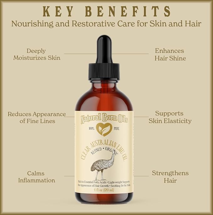 Natural Born Oils Ultra Clear Emu Oil, 8oz, Organic, Fully Refined, Deep Penetrating, Skin Elasticity Booster, Hair Conditioner