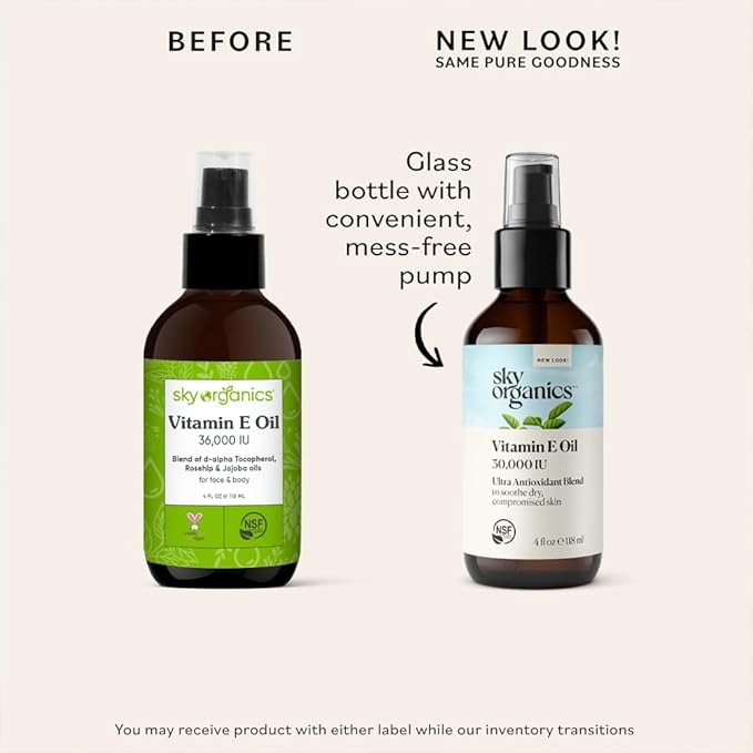 Sky Organics Vitamin E Oil Blend for Face, Organic Antioxidant Facial Oil, 30,000 IUs to Deliver Reparative Moisture and Soothe Dry, Damaged Skin, 100% Pure & Cold-Pressed, 3.97 fl oz, 117 ml