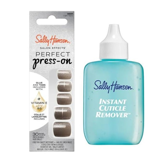 Sally Hansen Instant Cuticle Remover & Salon Effects Light Years Press On Nails Kit - 15 Second Cuticle Gel with Aloe & 30 Nail Designs with Nail Glue