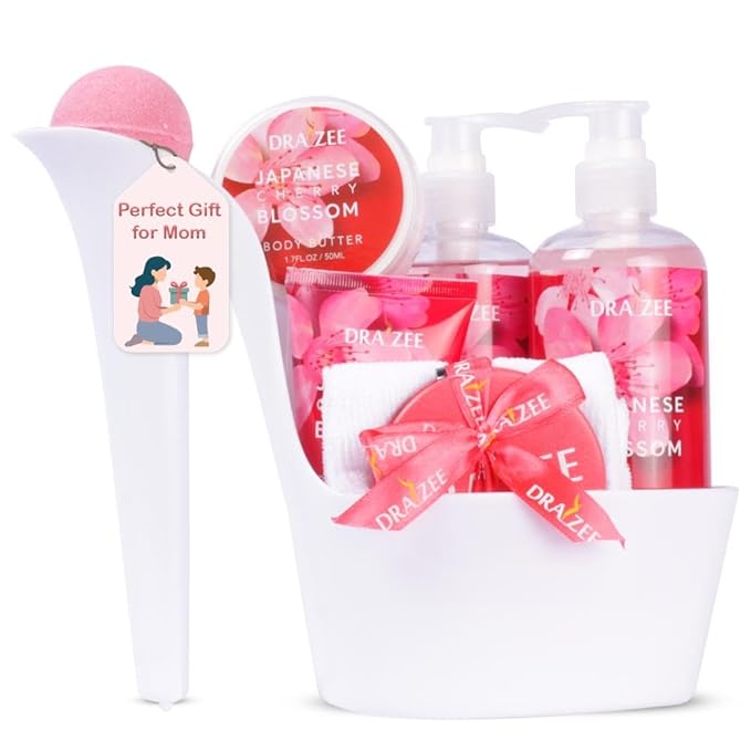 Draizee Mothers Day Gifts for Mom - 8 Pcs Luxury Cherry Blossom Scented Heel Shoe Design Bath and Body Spa Set-Self Care Package for Women - Spa Gift Baskets for Women, Presents for Mom, Body Care Set