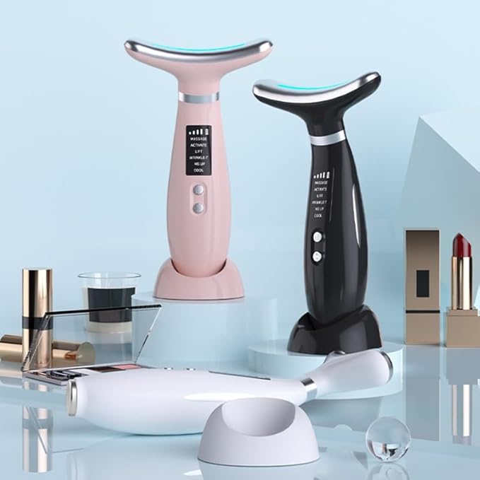 Facial Massager -7 Color Red-Light-Therapy for Face and Neck for Wrinkles, Double Chin, Vibrating Facial Massager with Thermals (Black7)