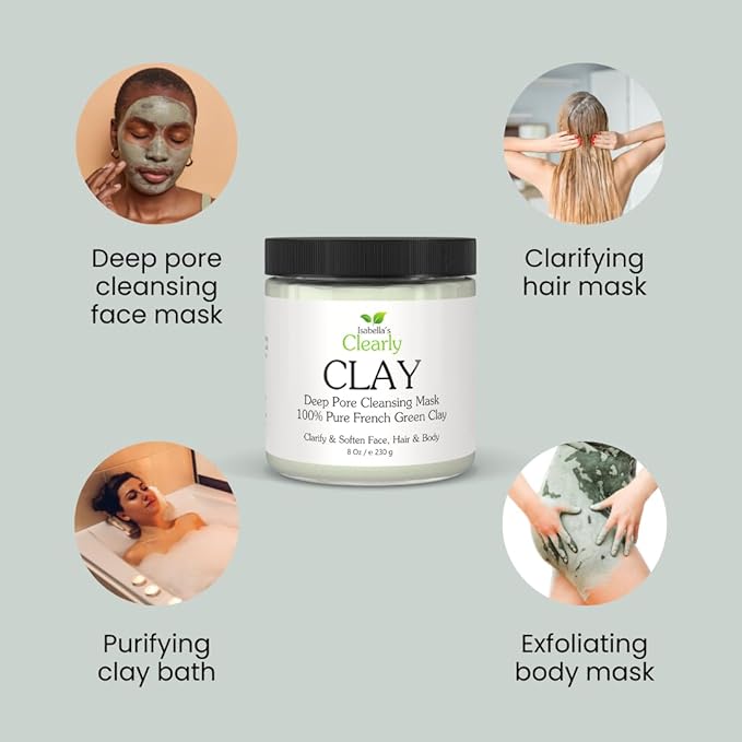 Clearly CLAY, Deep Pore Cleansing, Skin Softening Facial Mask | 100% Pure French Green Clay Powder for Acne, Blackheads, Dry Skin, Oily Skin | Non Drying Anti Aging Natural Mineral Clay (Bulk 8 Oz)