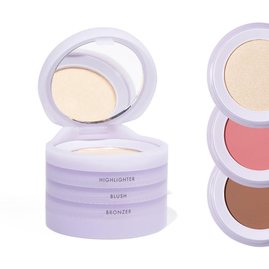 Subtl Beauty 3-in-1 travel makeup kit by subtl staks | powder blush, bronzer, and highlighter | includes mirror lid and mini brush | for dark-deep skin tones