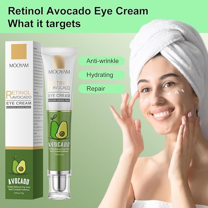 Retinol Avocado Eye Cream Serum - Hydrating Anti-Aging Treatment for Dark Circles, Puffiness, Fine Lines - Overnight Skin Care
