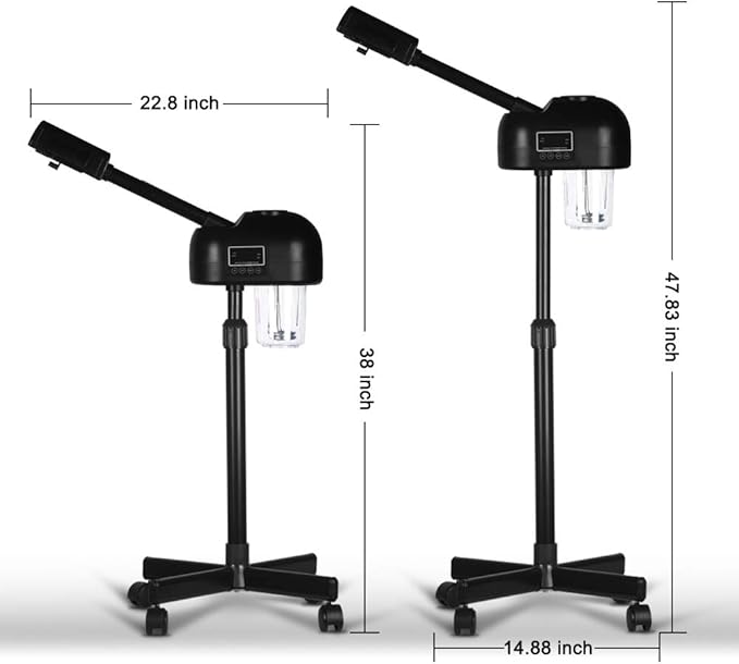 LCD Facial Steamer Professional for Clean Skin, Skin Care Use at Home, Beauty Salon, Spa with Hot Mist, Timer Function, Adjustable Height, Rolling Wheels - Black