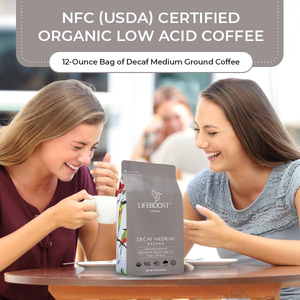 Lifeboost Medium Roast Swiss Water Decaf Coffee Ground - Non-GMO Low Acid Single Origin USDA Decaf Organic Coffee - Third Party Tested For Mycotoxins & Pesticides - 12 Ounces