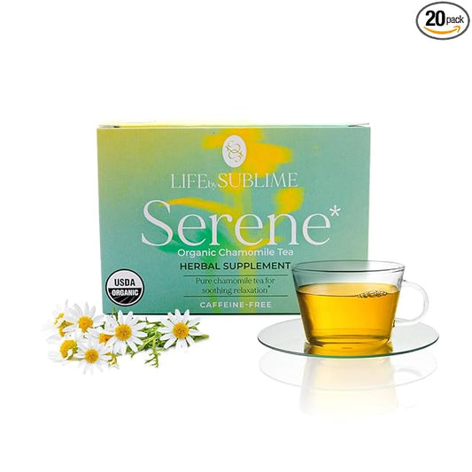 Life by Sublime - Serene USDA Organic Chamomile Tea, 20 Tea Bags, Caffeine-Free Herbal Tea, Promotes Calmness, Relaxation, and Restful Nights, Premium Brazilian Harvest