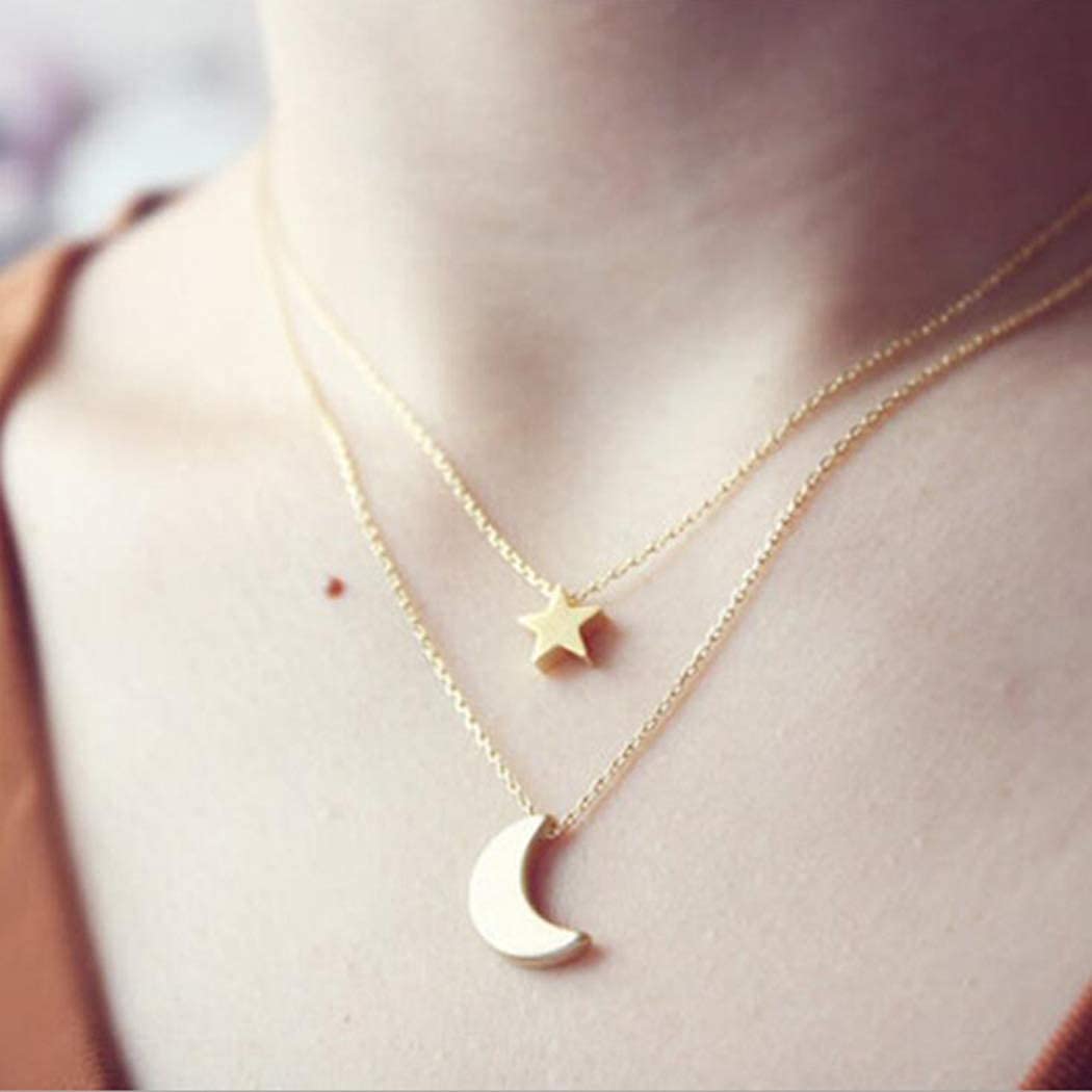 Bohemian Layered Necklace Moon Star Necklace Chain Long Pendant Necklaces Jewelry for Women and Girls (Gold)