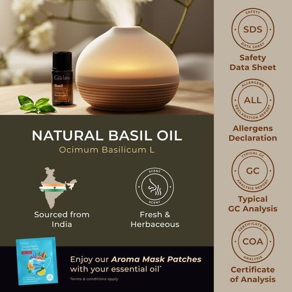 Gya Labs Basil Essential Oil for Diffusers - 0.34 Fl Oz - 100% Pure Natural Basil Oil for Skin, Massage, Fragrance & Candles Making Scent