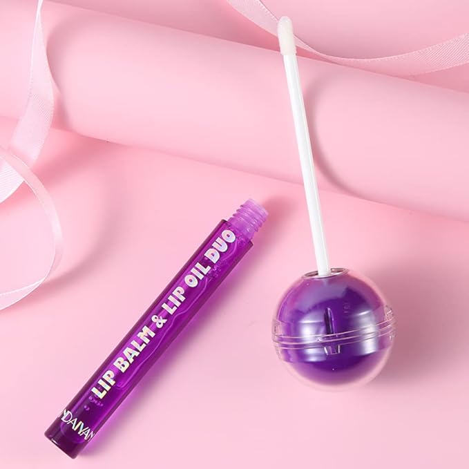 Lip Gloss and Lip Balm Combo, Magic pH Color Changing Lipstick & Vitamin E Clear Lip Oil Combo, Hydrating Plumping Lip Care Product for Girls (Purple)