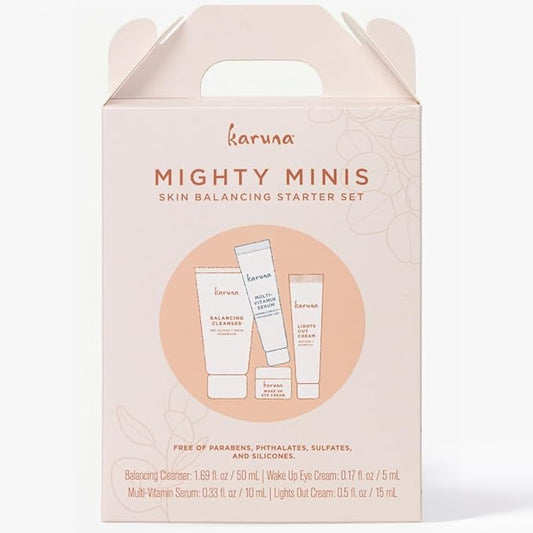 Karuna Mighty Minis, Skin Balancing Starter Set | Includes: Balancing Cleanser 1.69oz/50ml, Wake Up Eye Cream 0.17oz/5ml, Multi-Vitamin Serum 0.33oz/10ml & Lights Out Cream 0.5oz/15ml