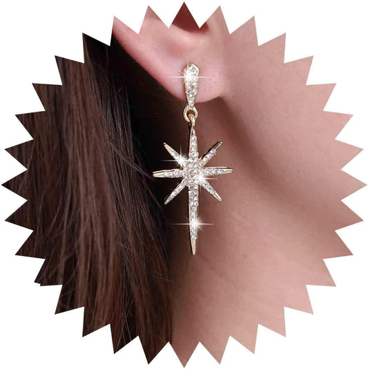 Vintage Crystal Northstar Dangle Earrings Rhinestone Northstar Studs Earrings Gold Cz Star Drop Earrings Sparkly Cz Starburst Earrings Jewelry for Women