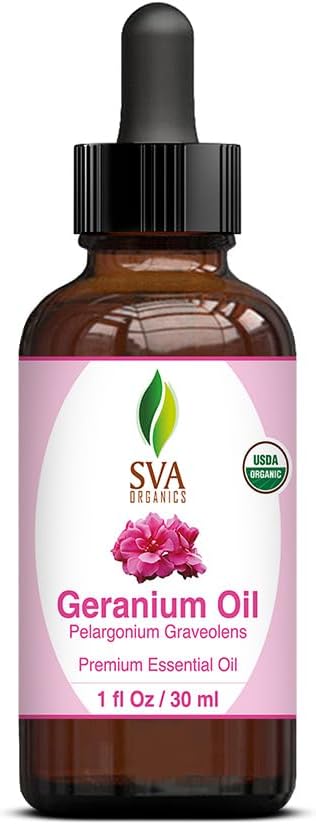 SVA Geranium Essential Oil Organic – 1 Fl Oz – 100% Natural Organic Geranium Oil - for Diffuser, Hair Care, Face, Skin Care, Aromatherapy, Scalp and Body Massage, Soap and Candle making – with Dropper