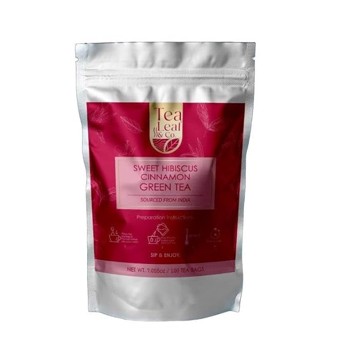 Tealeaf & Co. Sweet Hibiscus Cinnamon Green Tea with Hibiscus, Cinnamon, Stevia & Clove - Organic Green Tea Bags with Fresh Herbs and Spices (Low Caffeine) - 100 Teabags (7.055oz/200gm)