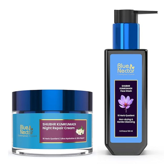 Blue Nectar Kumkumadi Night Cream with Jasmine for Glowing Skin (1.7 Fl Oz) & Kumkumadi Gentle Face Cleanser with Saffron (3.38 Fl Oz)