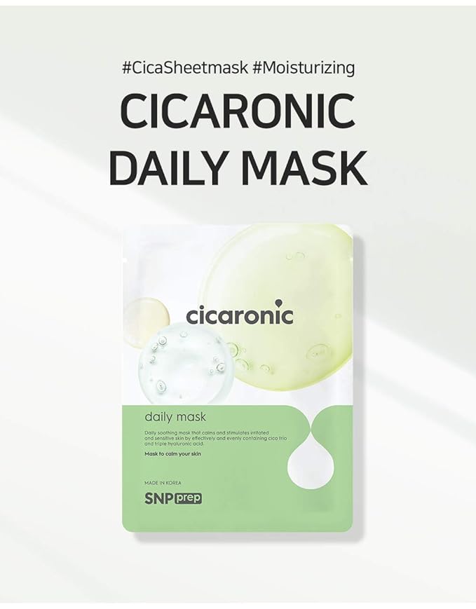 [K Beauty Snp] Cicaronic Ampoule Sheet Mask | Soothing, Hydrating, and Calming for All Sensitive Skin Types with Cica, Hyaluronic | Face Masks Skincare | Korean Skin Care Facial Mask | 10 Sheets