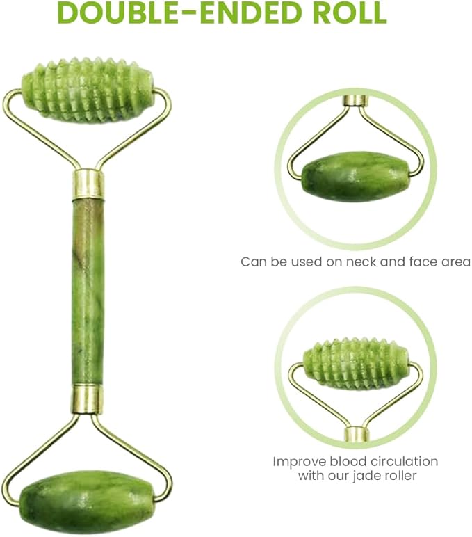 Bibabala 4-PCS Face Roller and Gua Sha Set, Skin Care Roller, Jade Roller Set, Face Stone Facial Roller Massage Tool for Face Eyes Neck Body, Smooth Wrinkles & Eye Puffiness(Green)