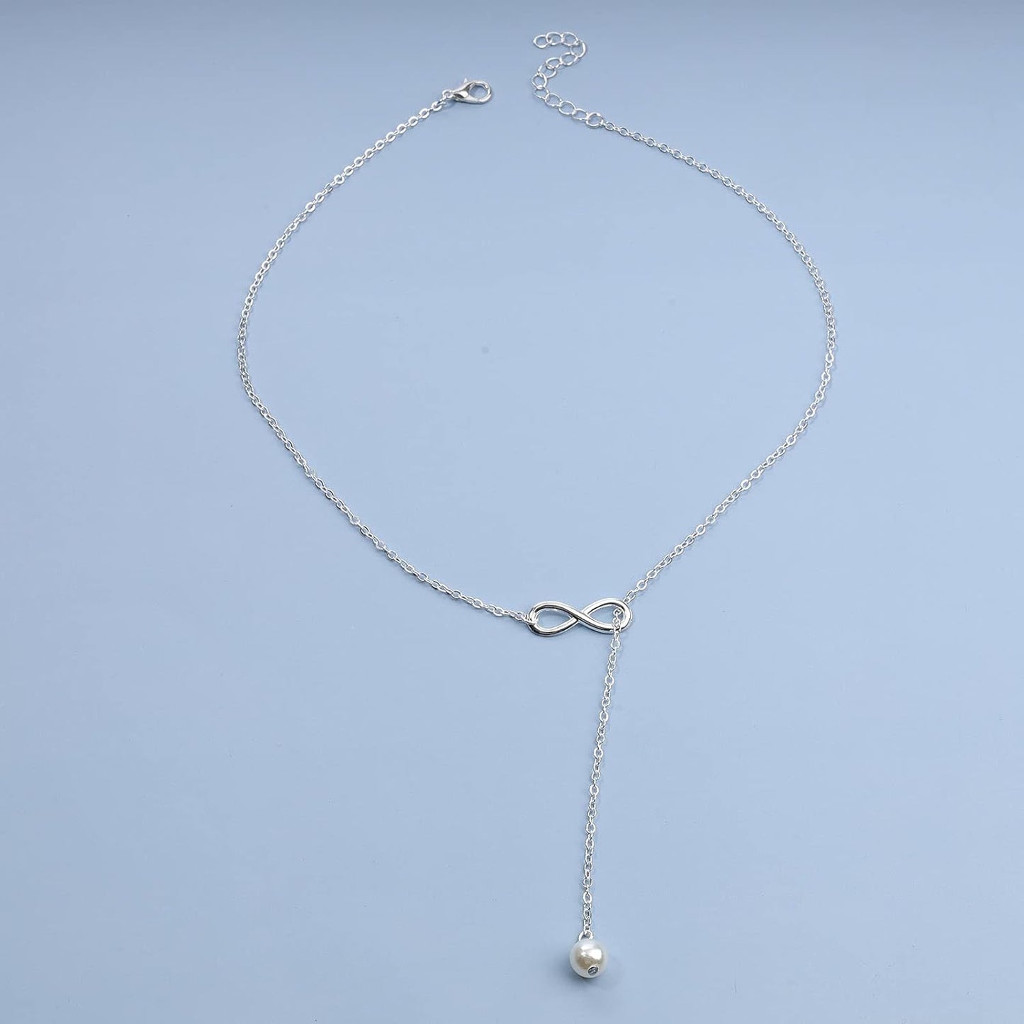 Boho Pearl Infinity Necklace Silver Y Pearl Necklace Minimalist Chain Y Lariat Necklace Chain Jewelry for Women and Girls