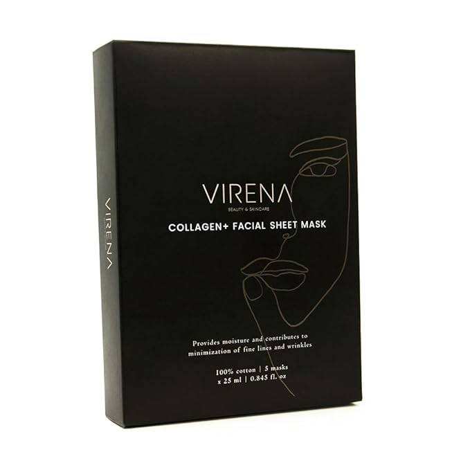 Collagen+ Facial Sheet Mask 5p, 100% Cotton, Hydrolysed Collagen, Hyalurnonic Acid, Vitamin C, Nourishes and Moisturizes Skin, Alcohol Free