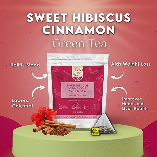 Tealeaf & Co. Sweet Hibiscus Cinnamon Green Tea with Hibiscus, Cinnamon, Stevia & Clove - Organic Green Tea Bags with Fresh Herbs and Spices (Low Caffeine) - 100 Teabags (7.055oz/200gm)