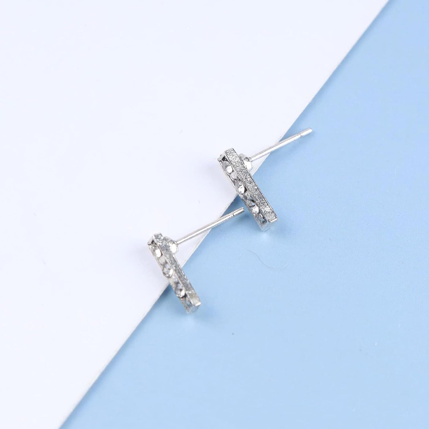 Geometric Crystal Bar Earrings Silver Cz Bar Stick Earrings Cz Rhinestone Bar Stud Earrings Silver Minimalist Earrings Jewelry for Women and Girls