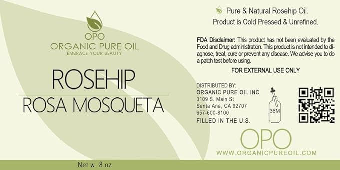 OPO Rosehip Oil - 8 oz - Pure, Unrefined, Non GMO, Cold Pressed, Vegan Carrier Oil for Face, Hair, Skin, Nails, Body Aging Skin Beard Locs Mustache Lashes - Packaging May Vary