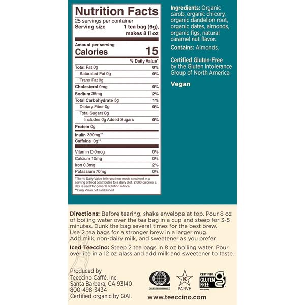 Teeccino Dandelion Caramel Nut Tea - Caffeine Free, Roasted Herbal Tea with Prebiotics, 3x More Herbs than Regular Tea Bags, Gluten Free - 50 Tagless Eco-Friendly Tea Bags