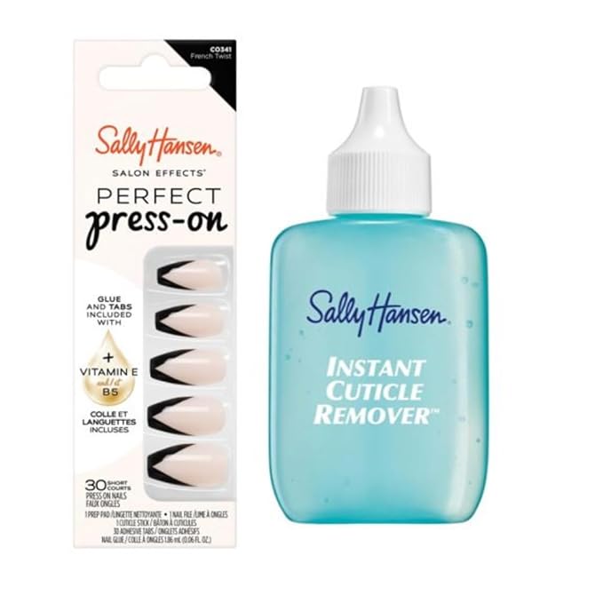 Sally Hansen Instant Cuticle Remover & Salon Effects French Twist Press On Nails Kit - 15 Second Gel, Aloe & Chamomile