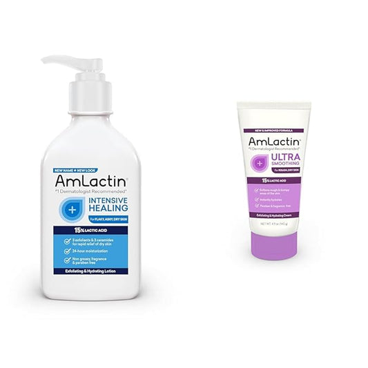 AmLactin Intensive Healing Body Lotion for Dry Skin – 7.9 oz Pump Bottle & Ultra Smoothing-4.9 oz Body & Hand Cream with 15% Lactic Acid-Exfoliator and Moisturizer for Rough and Bumpy Dry Skin