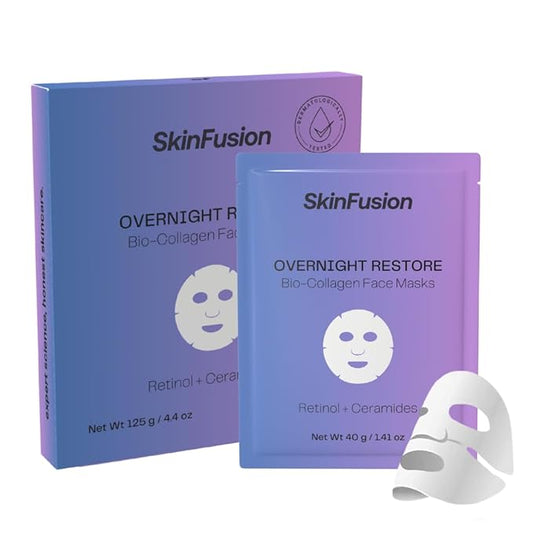 Bio-Collagen Sheet Face Masks (Overnight Restore, 5 Pack) with Retinol + Ceramides - Anti-Aging, Minimize Wrinkles and Pores, Deep Hydration, Firming - Mother's Day Gifts for Mom - K Beauty