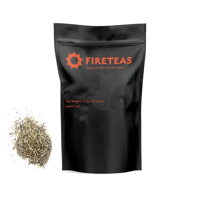 FIRE TEAS Pu-ERH Loose Leaf Saffron Tea - Aged, Smooth & Elegant Taste - Caffeinated - White buds from old Yunnan Pu'erh Trees -