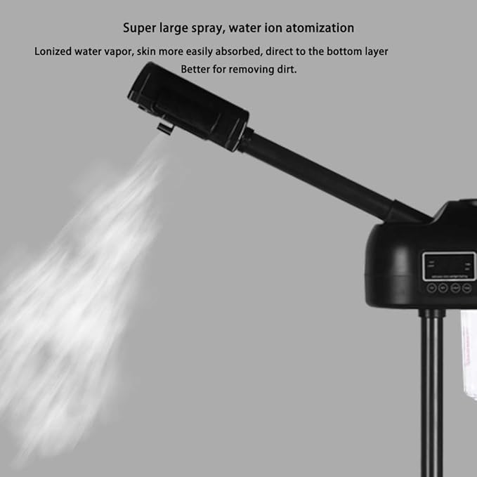 LCD Facial Steamer Professional for Clean Skin, Skin Care Use at Home, Beauty Salon, Spa with Hot Mist, Timer Function, Adjustable Height, Rolling Wheels - Black