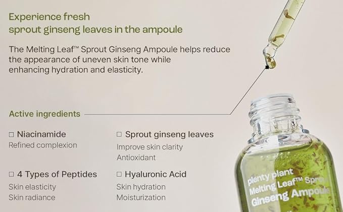 Plentyplant 65.7% Sprout Ginseng | Korean Serum with Melting Sprout Ginseng Leaf | Ginseng Extract Essence with Hyaluronic Acid, Peptides, Niacinamide | Face Serum for relief