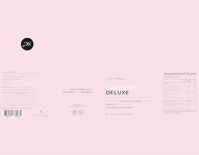 Swedish Collagen Deluxe | 12,500 mg Hydrolyzed Marine Collagen Liquid Supplement - 20 x 25 ml Daily Shots | Hyaluronic Acid, Biotin and Vitamin C for Healthy Hair, Skin, Nails and Joints | Sugar-Free