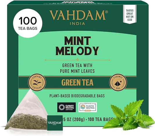 VAHDAM, Mint Green Tea Bags (100 Count) 100% Pure Leaf Tea, High Grown, Low Caffeine, Non GMO, Gluten Free | Plant-Based Pyramid Tea Bags | Direct from Source