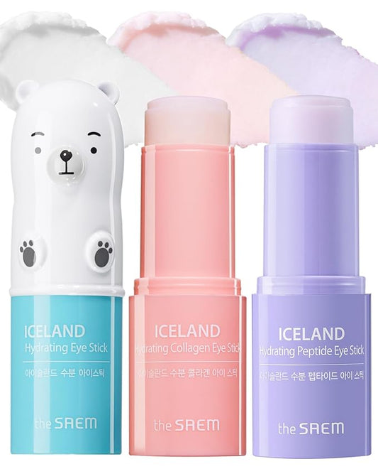 THESAEM Iceland Hydrating Eye Stick 0.24oz 3 Pack - Cooling, Collagen, Peptide - Cooling Eye Balm for Dark Circles and Puffiness – Under Eye Treatment - Balm to Smooth Skin Texture